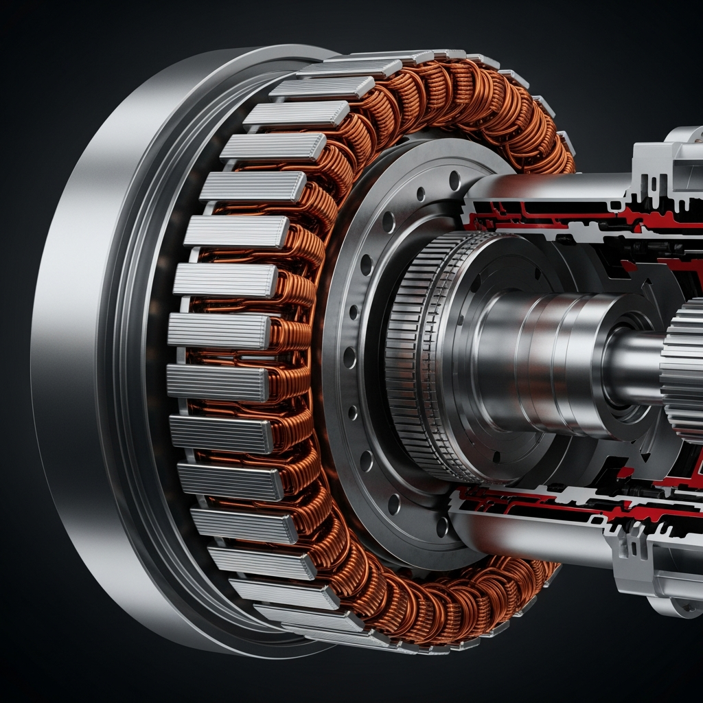 Electric vehicle motor cross-section showing copper windings