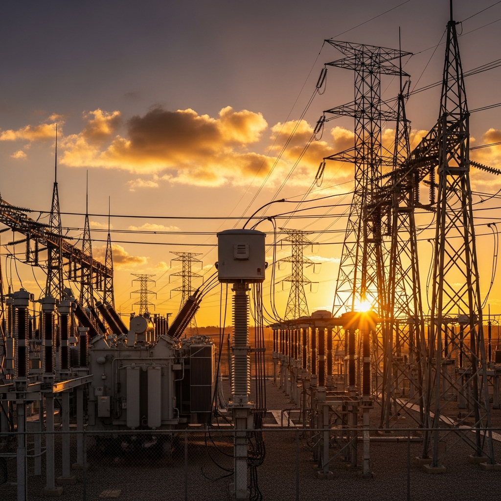 日落时分的电力电网变电站和输电塔