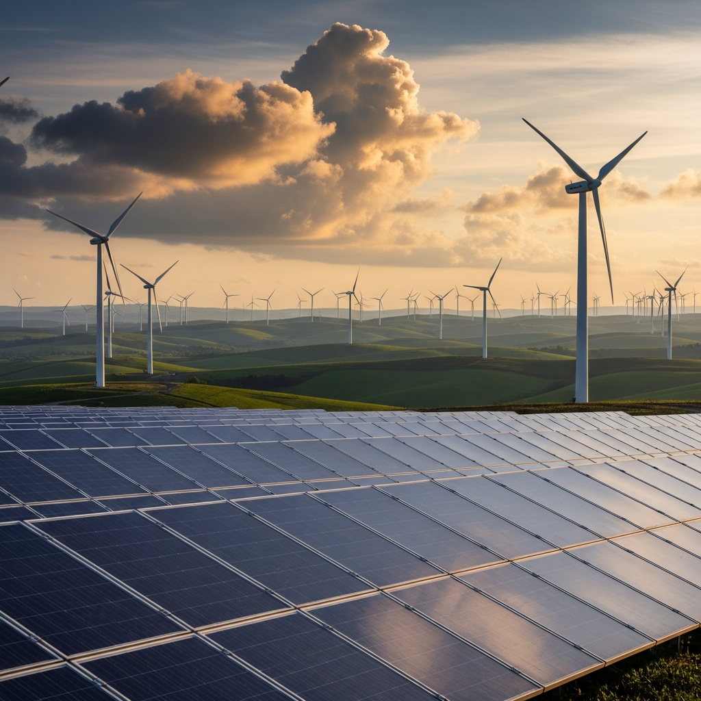 黄金时段的风力发电机组和太阳能电池板